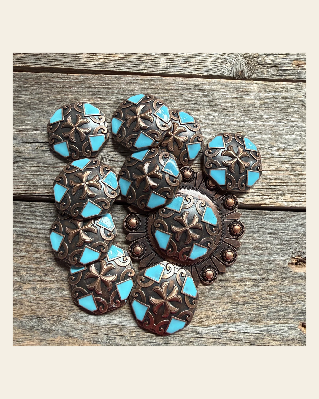 Copper Turquoise Western Concho W104 on a warm cream background