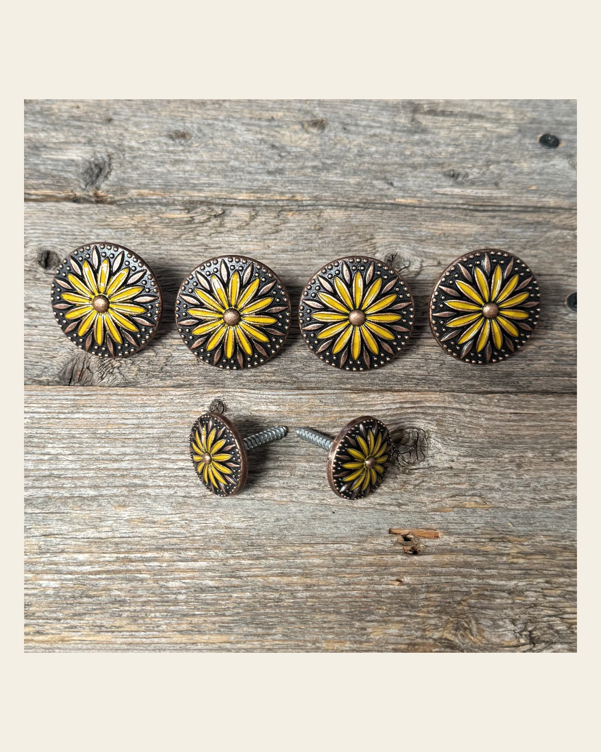 Copper Yellow Daisy Saddle Set SSW229 on a warm cream background
