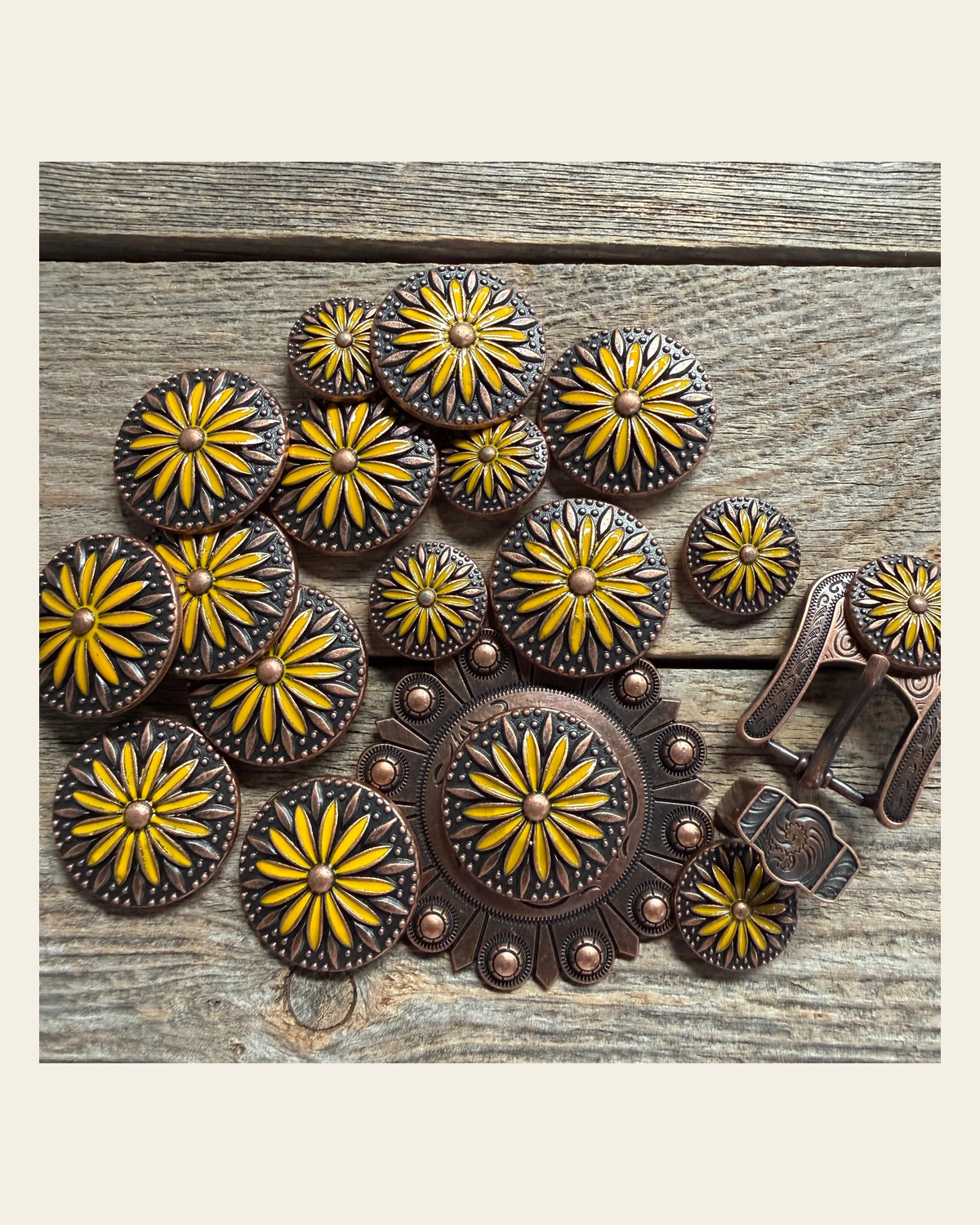 Copper Yellow Daisy Western Concho W229 on a warm cream background