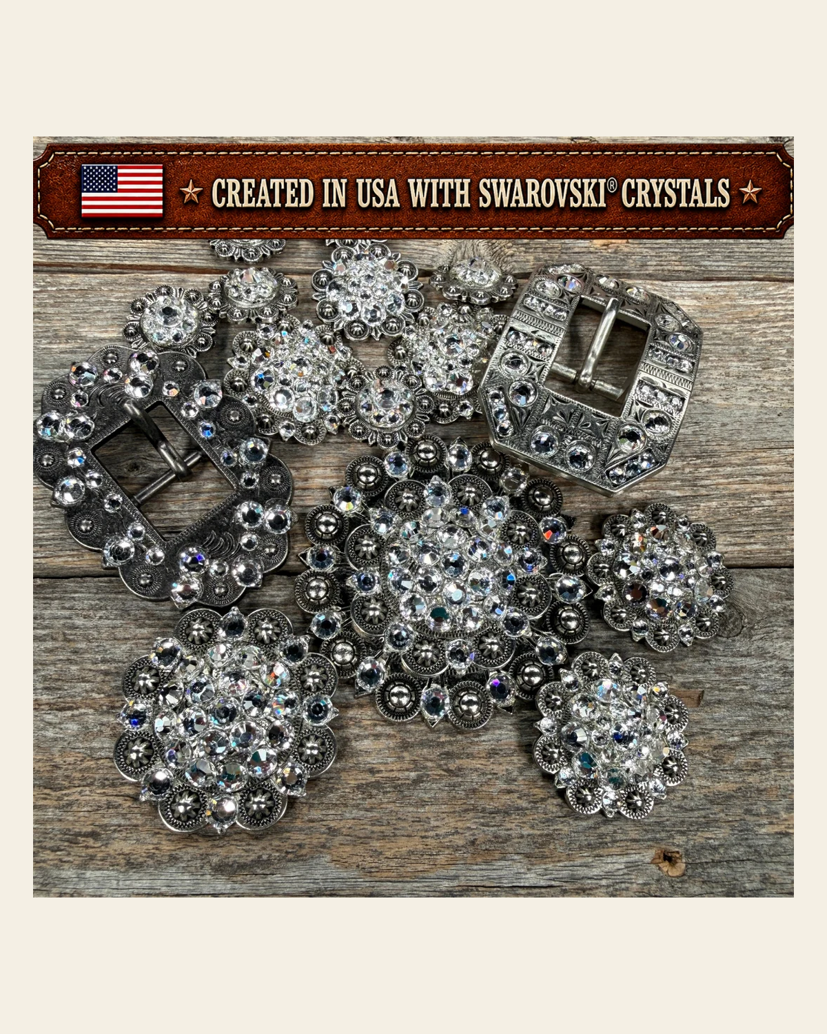 Antique Silver Clear Crystal Conchos | Sizes 1"- 3" | Buckles | Saddle Set | Leather Rosettes | Slide on a warm cream background