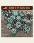 Antique Silver Turquoise - Clear Crystal Conchos | Sizes 1"- 3" | Buckles | Saddle Set | Leather Rosettes | Slide on a warm cream background