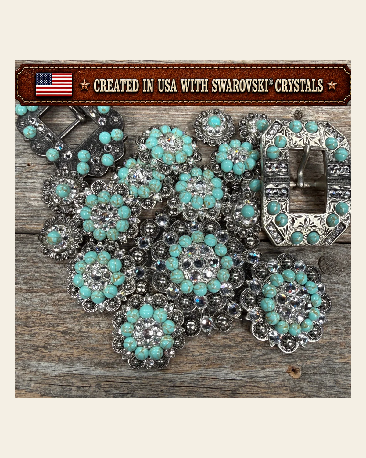 Antique Silver Turquoise - Clear Crystal Conchos | Sizes 1"- 3" | Buckles | Saddle Set | Leather Rosettes | Slide on a warm cream background