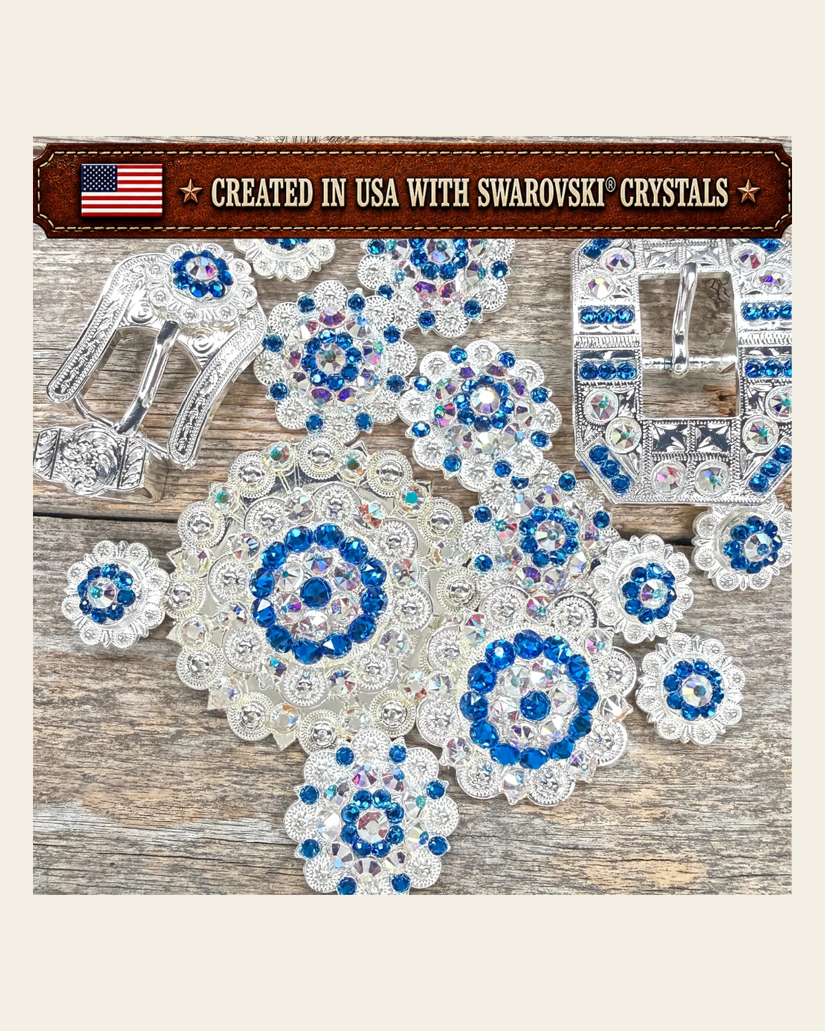 Bright Silver Capri - AB Crystal Conchos | Sizes 1"- 3" | Buckles | Saddle Set | Leather Rosettes | Slide on a warm cream background