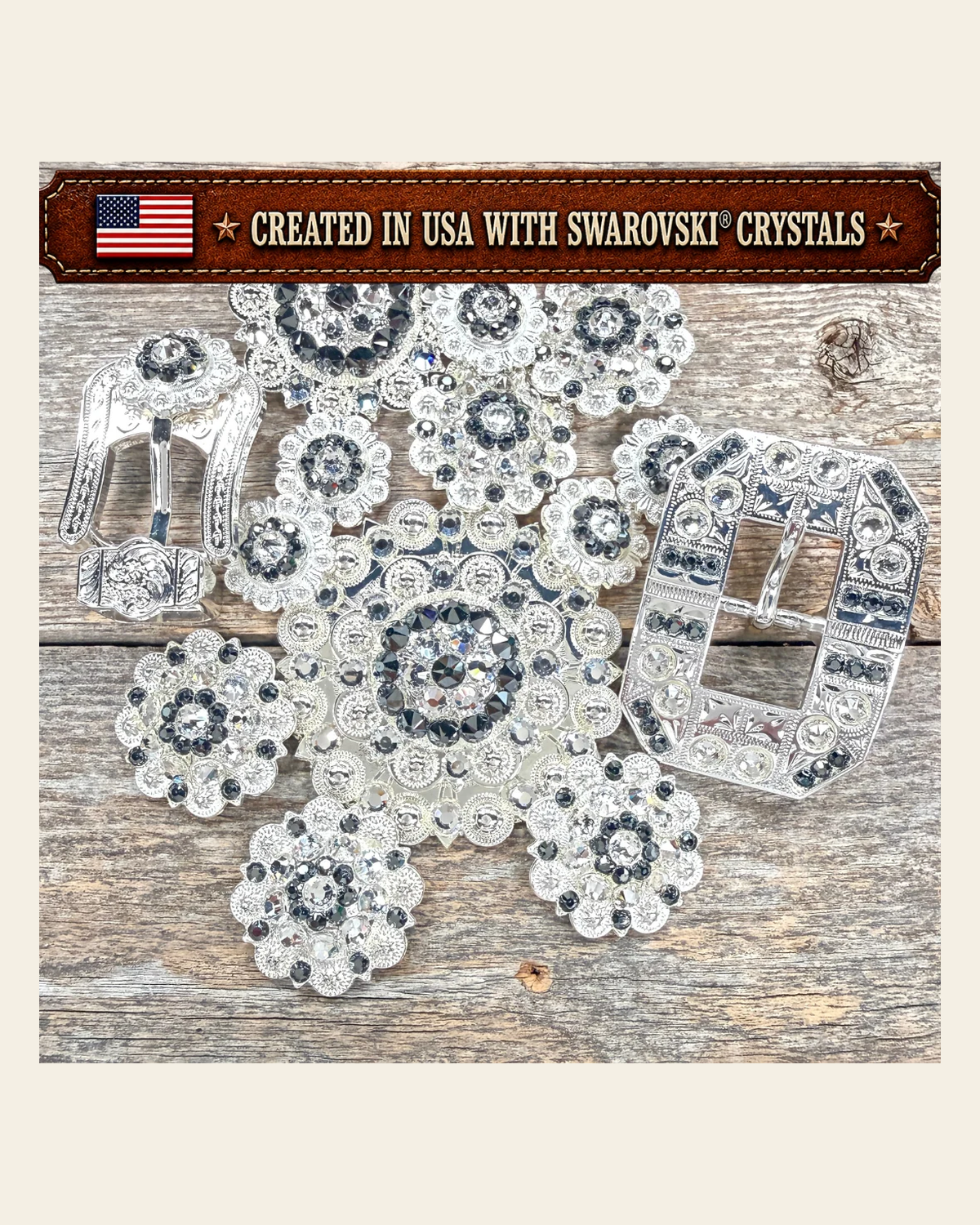 Bright Silver Jet - Clear Crystal Conchos | Sizes 1"- 3" | Buckles | Saddle Set | Leather Rosettes | Slide on a warm cream background