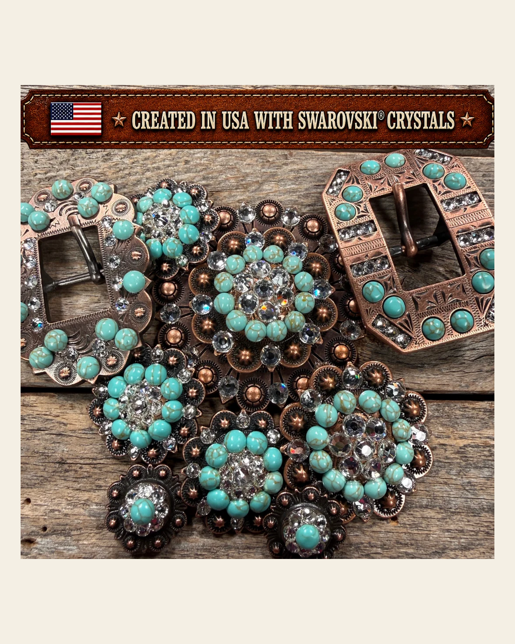 Copper Turquoise - Clear Crystal Conchos | Sizes 1"- 3" | Buckles | Saddle Set | Leather Rosettes | Slide on a warm cream background