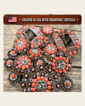 Copper Coral - Clear Crystal Conchos | Sizes 1"- 3" | Buckles | Saddle Set | Leather Rosettes | Slide on a warm cream background
