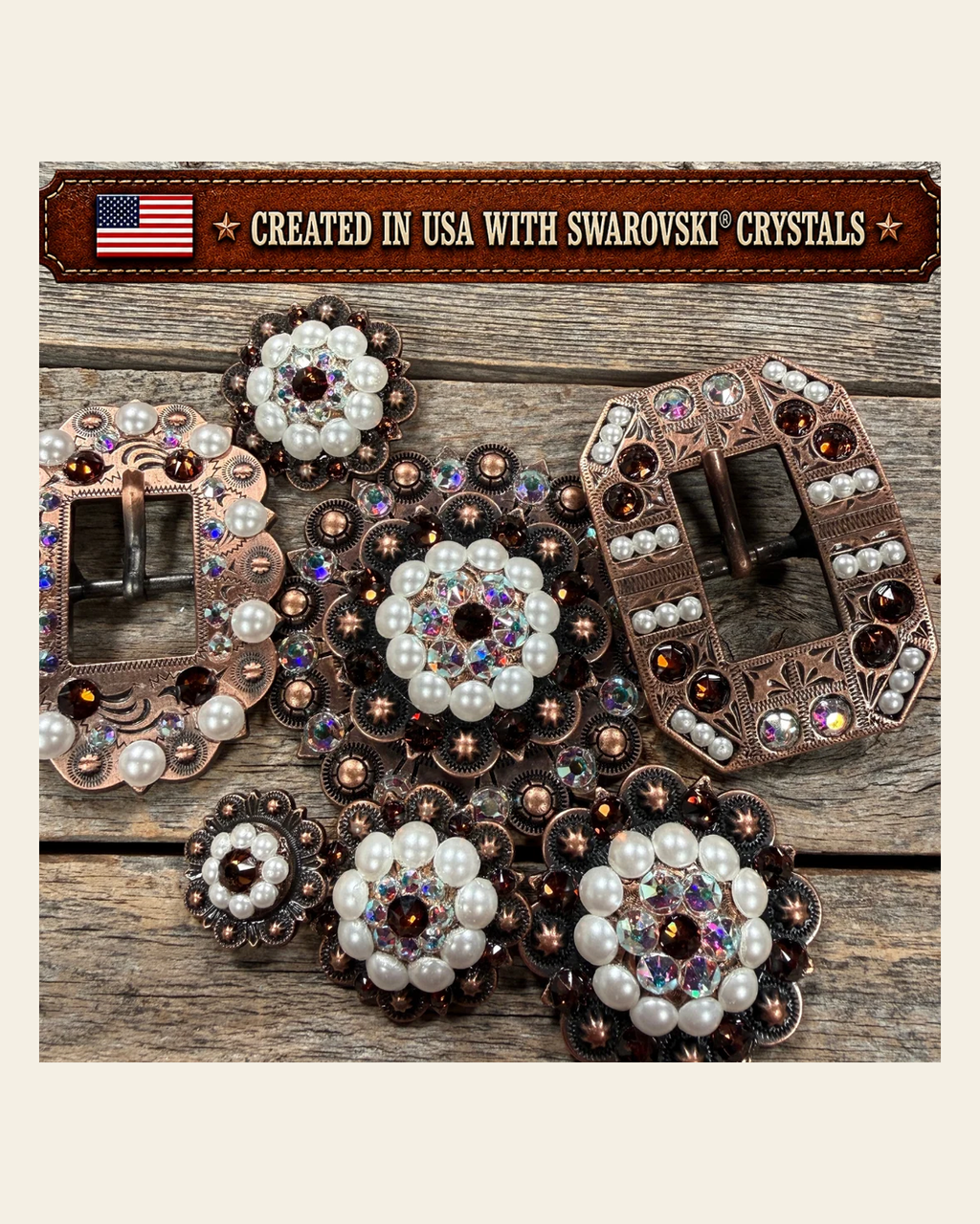Copper Topaz - AB - Pearl Crystal Conchos | Sizes 1"- 3" | Buckles | Saddle Set | Leather Rosettes | Slide on a warm cream background