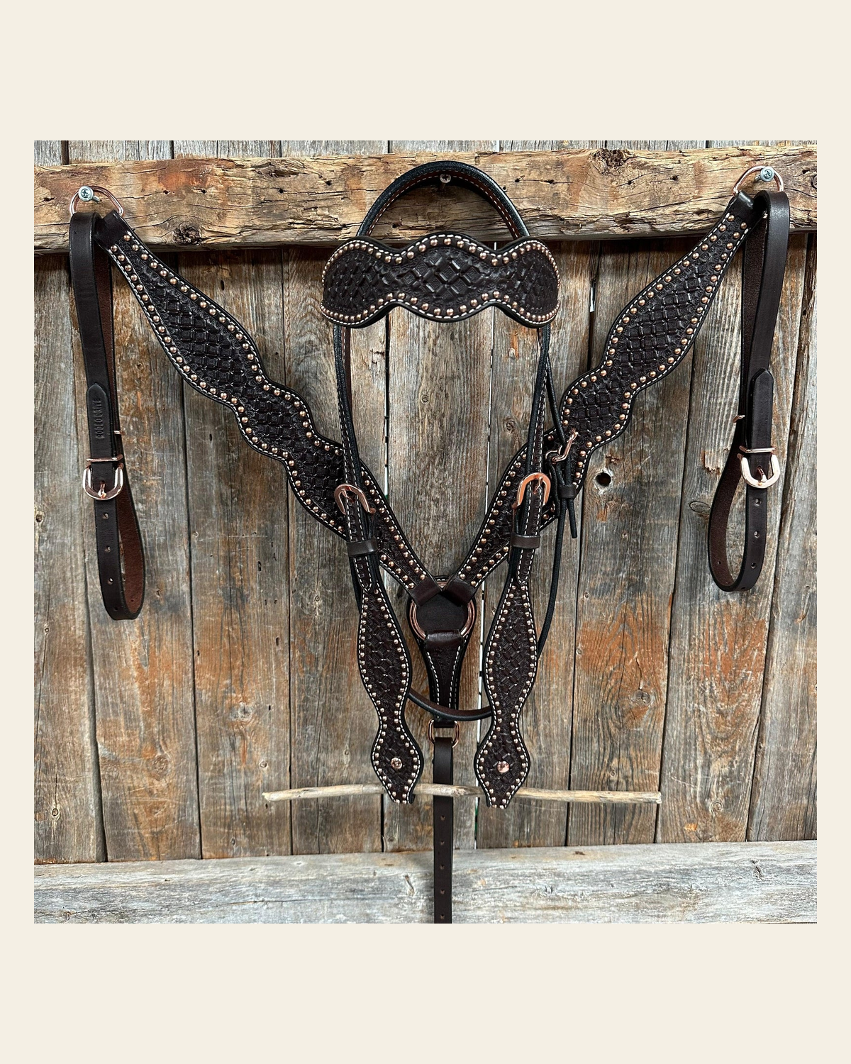 Dark Oil Honeycomb Tooled with Copper Dots Tack Sets on a warm cream background