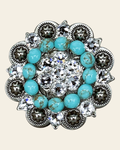 Fashion Turquoise & Clear Antique Silver 2" European Crystal Concho on a warm cream background