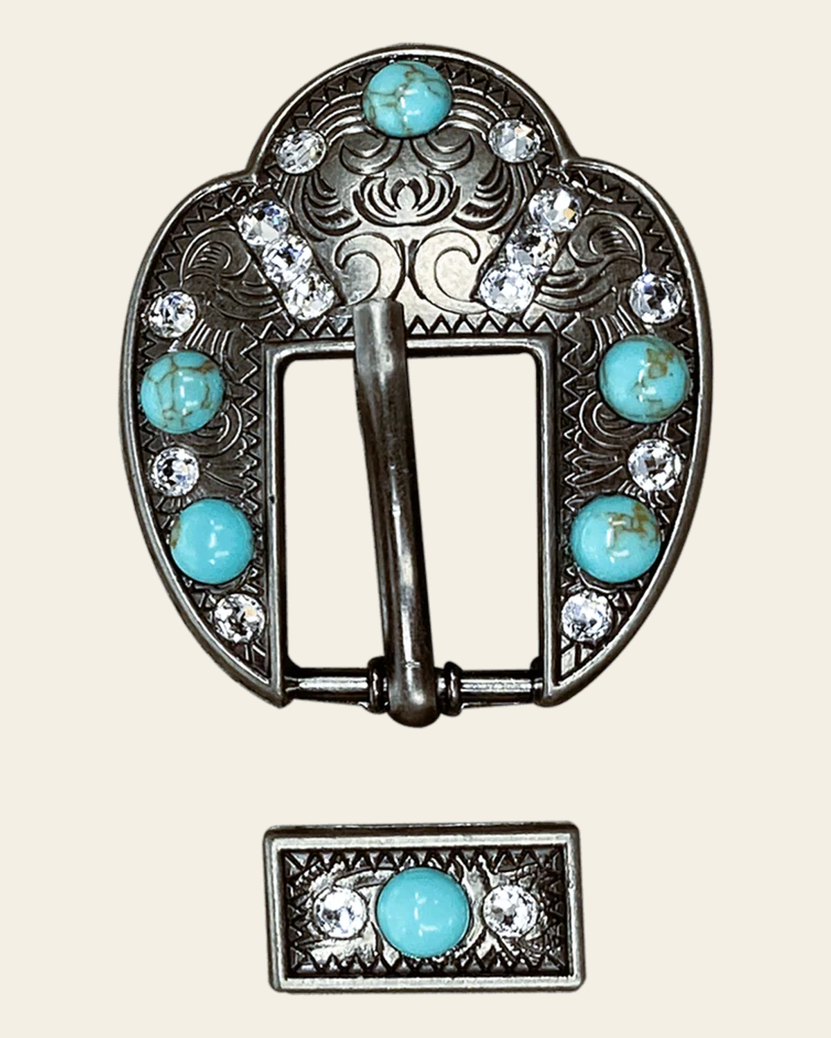 Fashion Turquoise & Clear Antique Silver European Crystal Fancy Buckle on a warm cream background