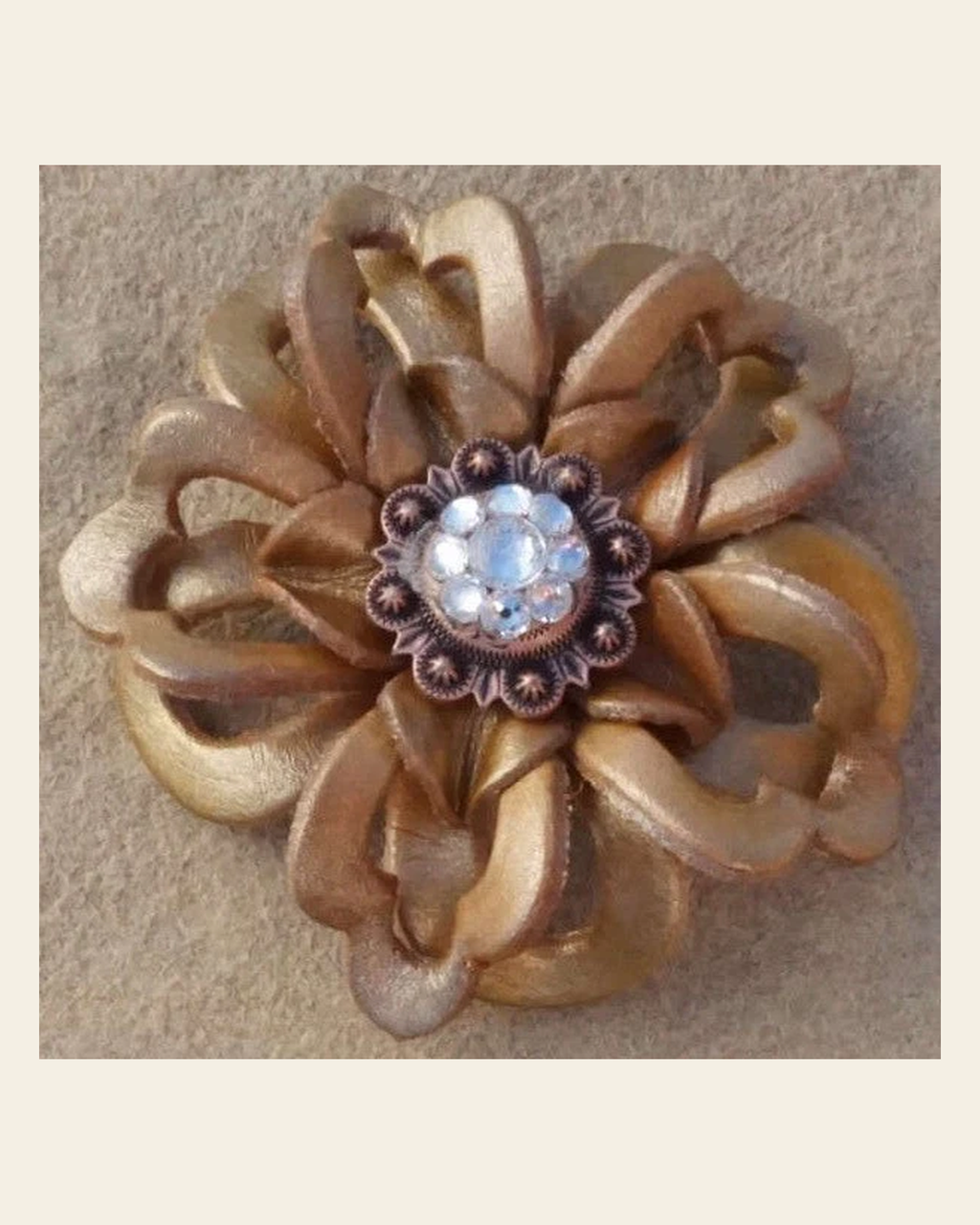 Gold Lotus Flower With Copper Clear 1" Concho on a warm cream background