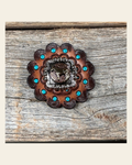 Leather Rosette Dark Oil Edges with Horse Western Concho R112W186S on a warm cream background