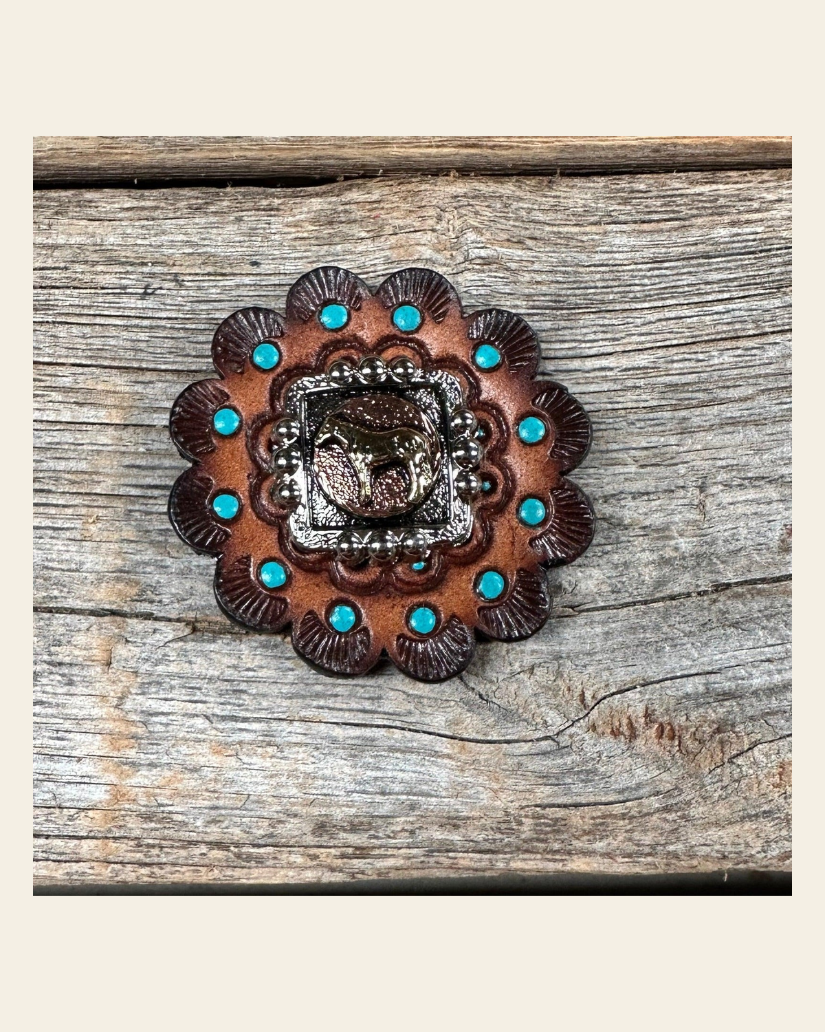 Leather Rosette Dark Oil Edges with Horse Western Concho R112W186S on a warm cream background
