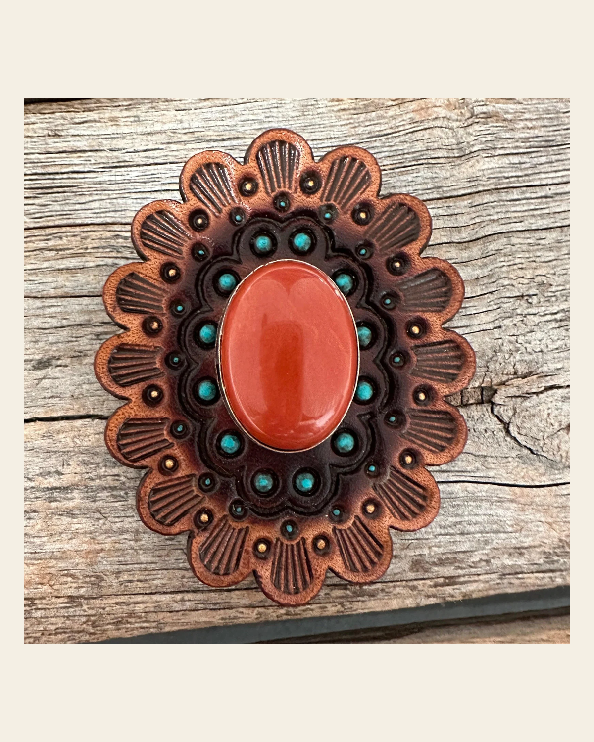 Leather Rosette Medium Oil Edges with Rust Cabochon Western Concho R107CABRU on a warm cream background