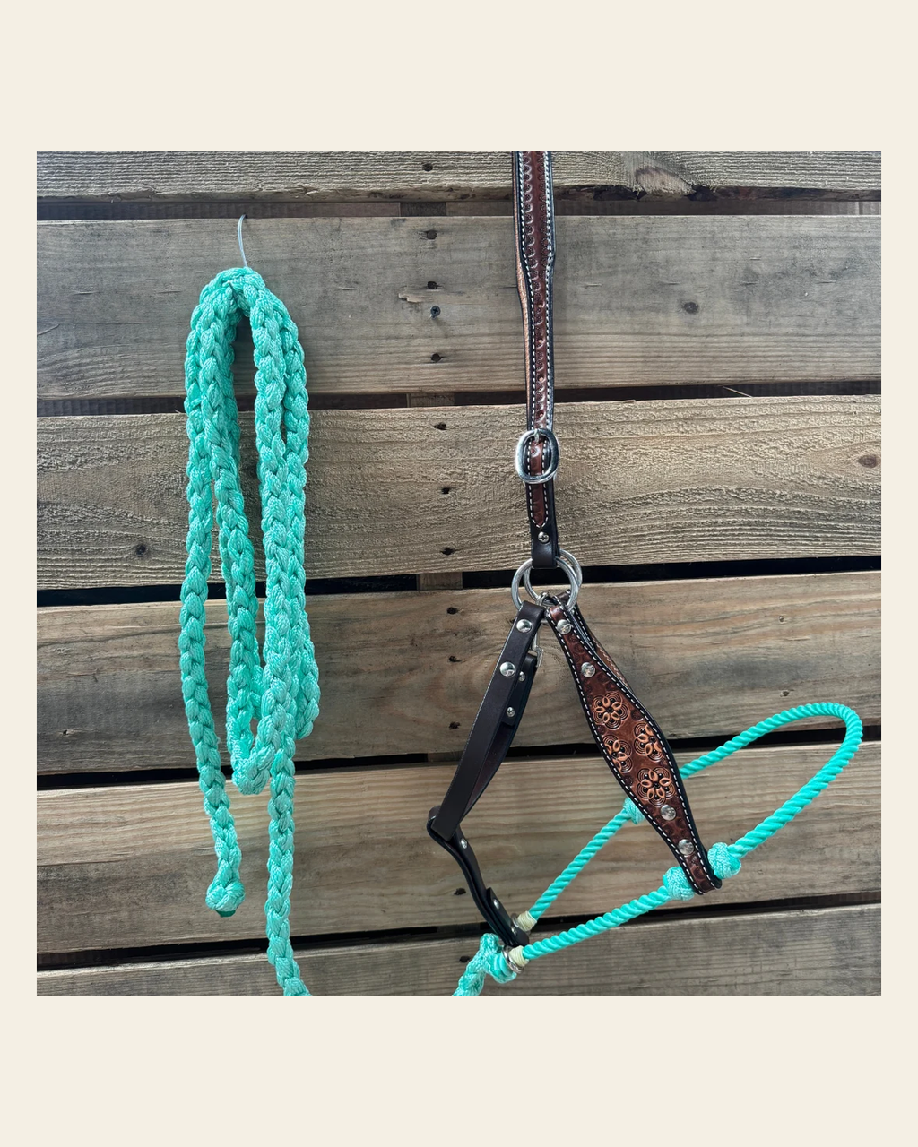 Turquoise Flower Power Tooled Lariat & Leather Combo Halter on a warm cream background