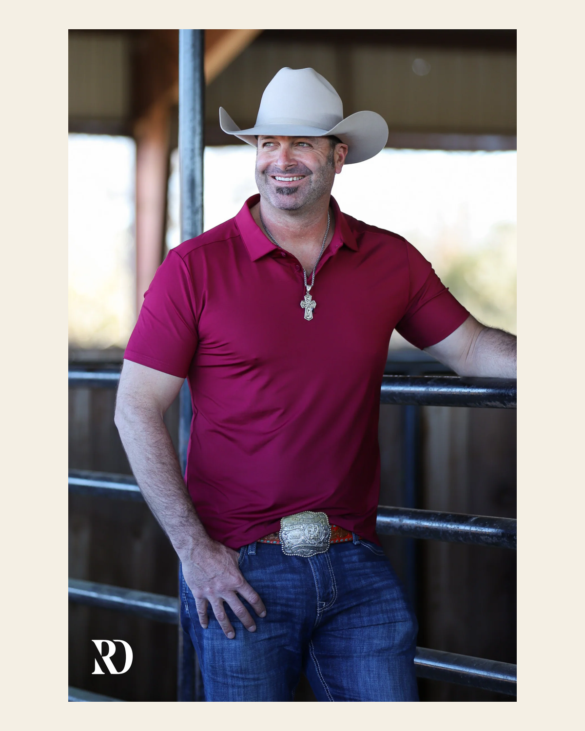 Burgundy Men's Performance Polo on a warm cream background