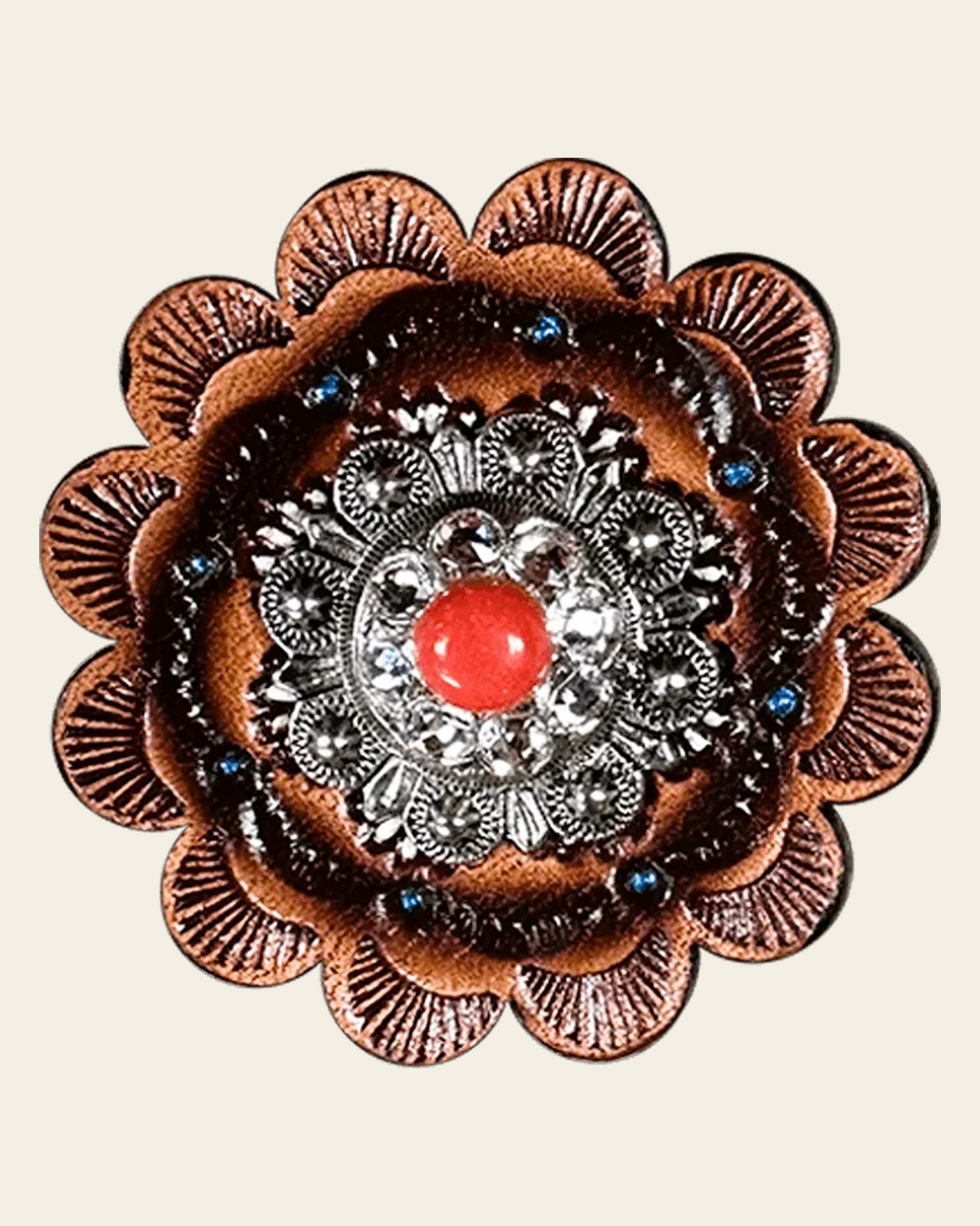 Coral & Clear Antique Silver 1" European Crystal Concho and Leather Rosette on a warm cream background
