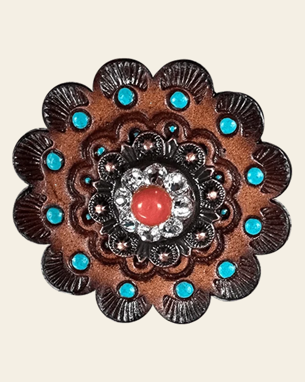 Coral & Clear Copper 1" European Crystal Concho and Leather Rosette on a warm cream background