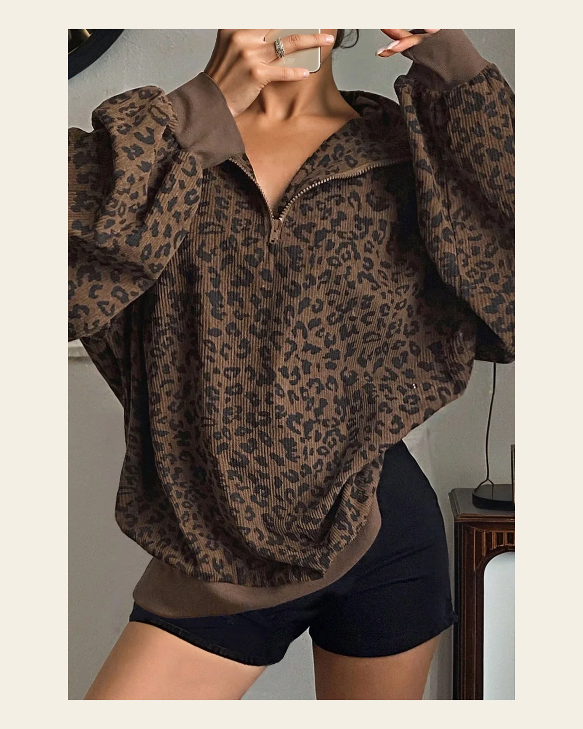 Corduroy Leopard Half Zip | Pullover on a warm cream background