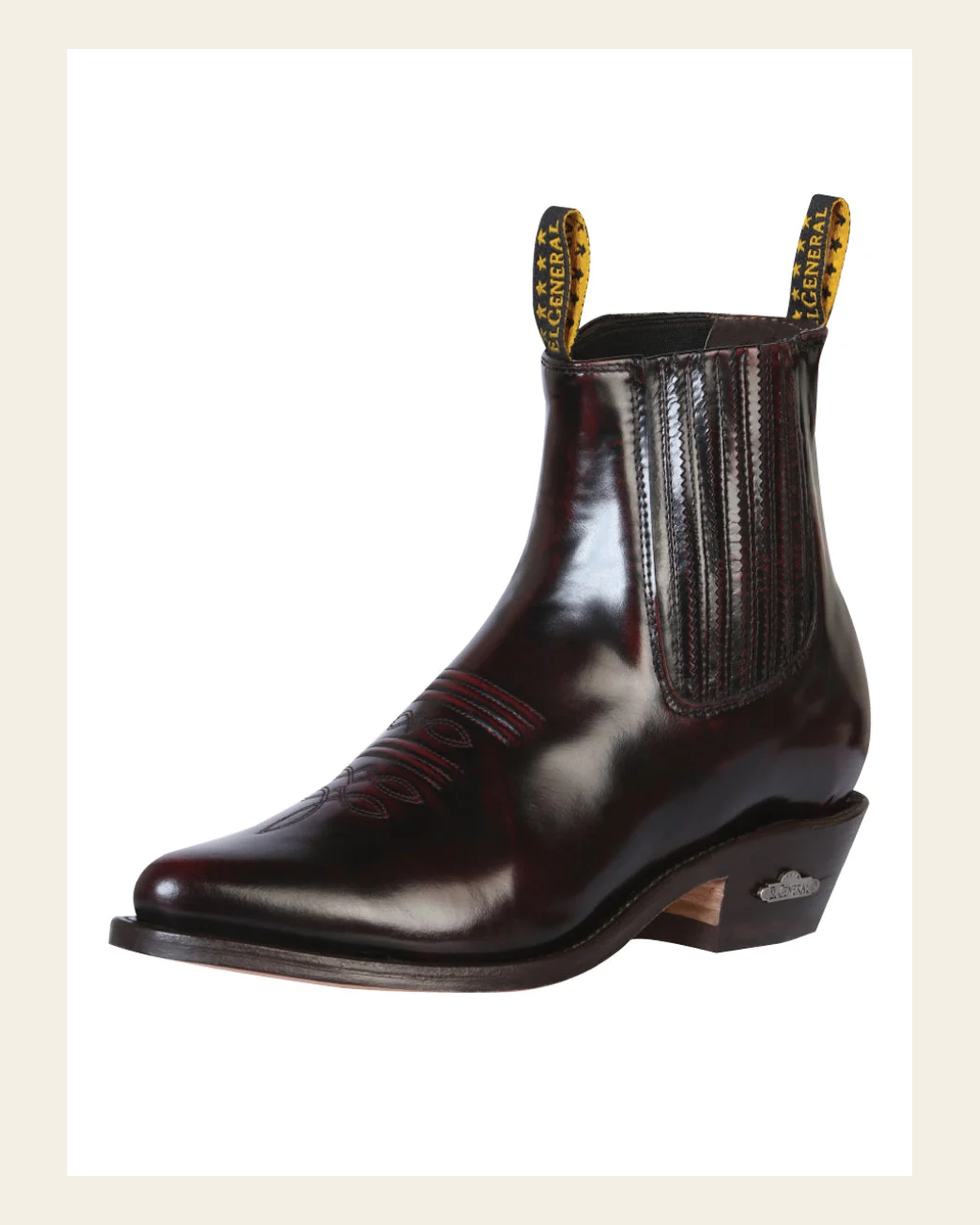 El General Men's Leather Cowboy Ankle Boot - Made in Mexico - Chameleon Wine 179 on a warm cream background
