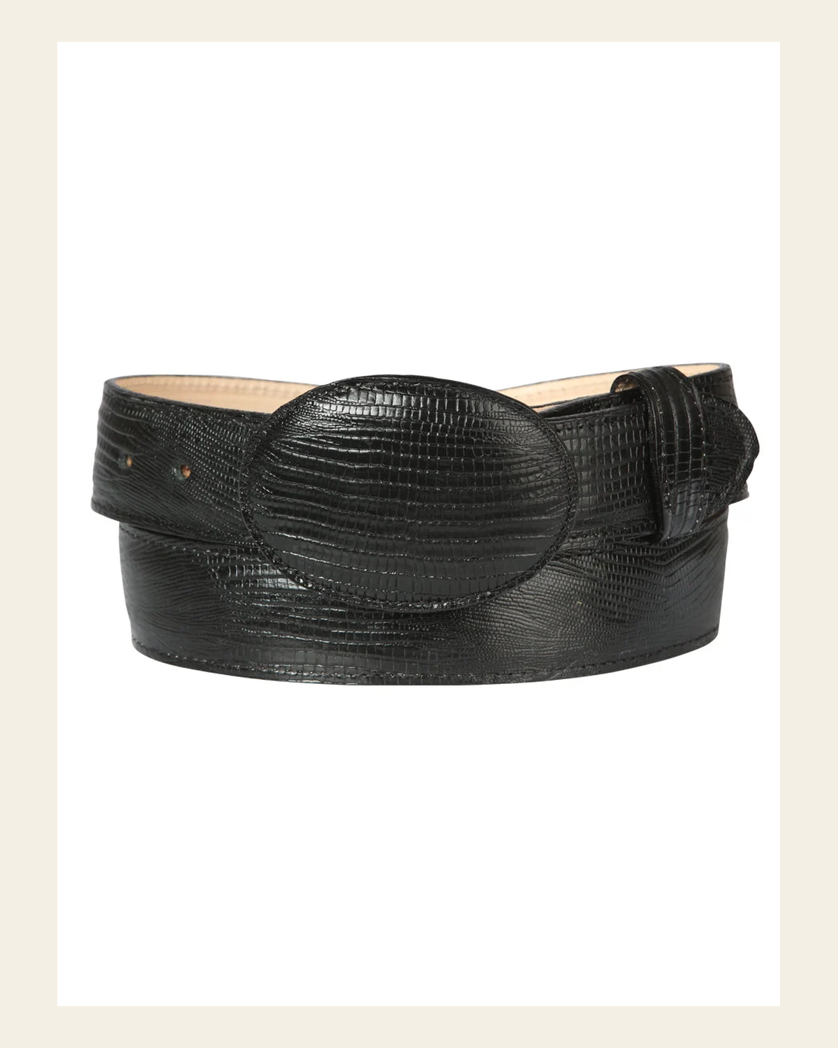 Cowboy Belt - El General - Imitation Lizard - Black 44670 on a warm cream background