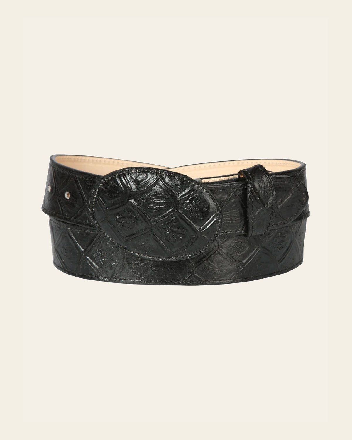 Cowboy Belt - El General - Imitation- Pirarucu - Black 44667 on a warm cream background