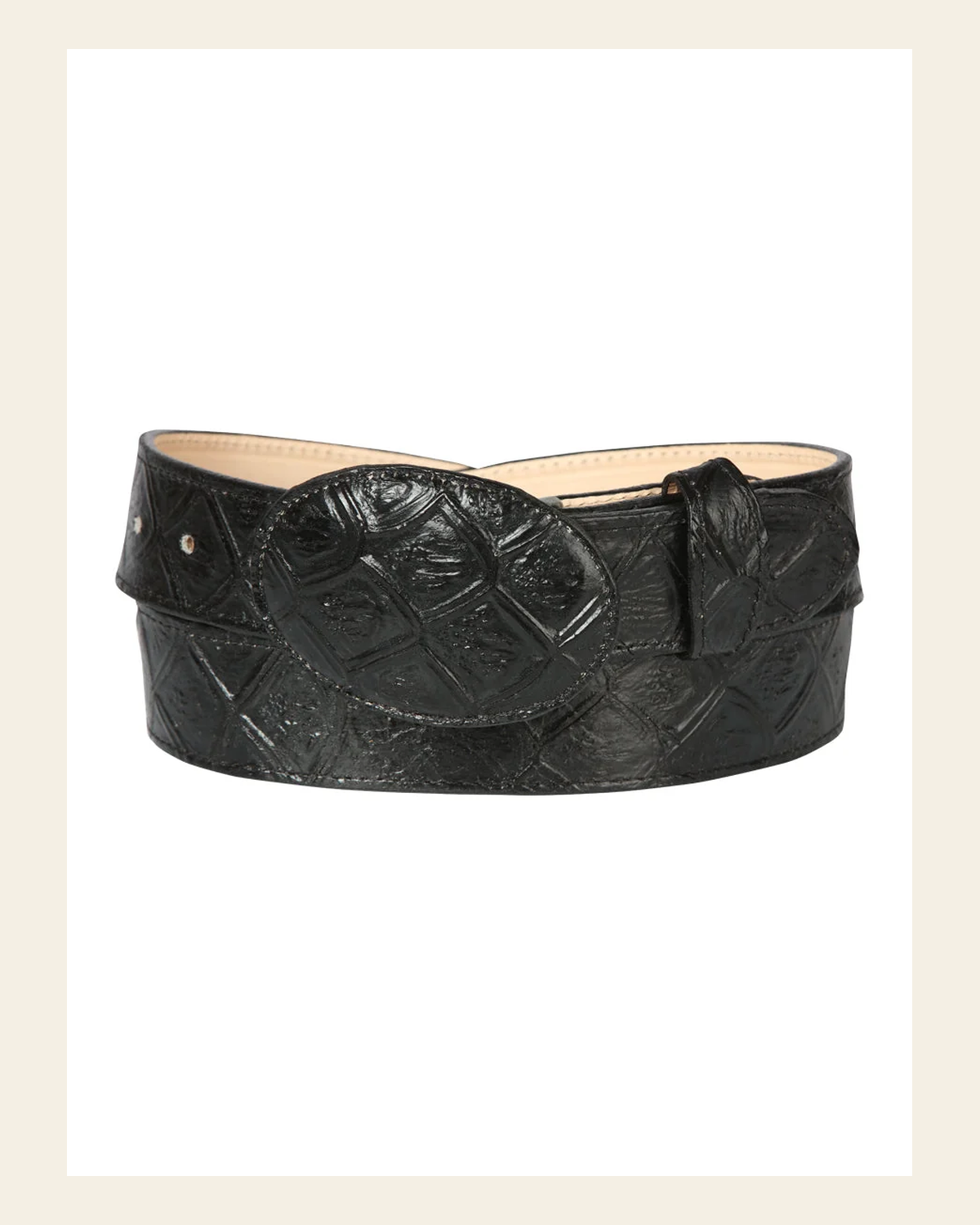 Cowboy Belt - El General - Imitation- Pirarucu - Black 44667 on a warm cream background