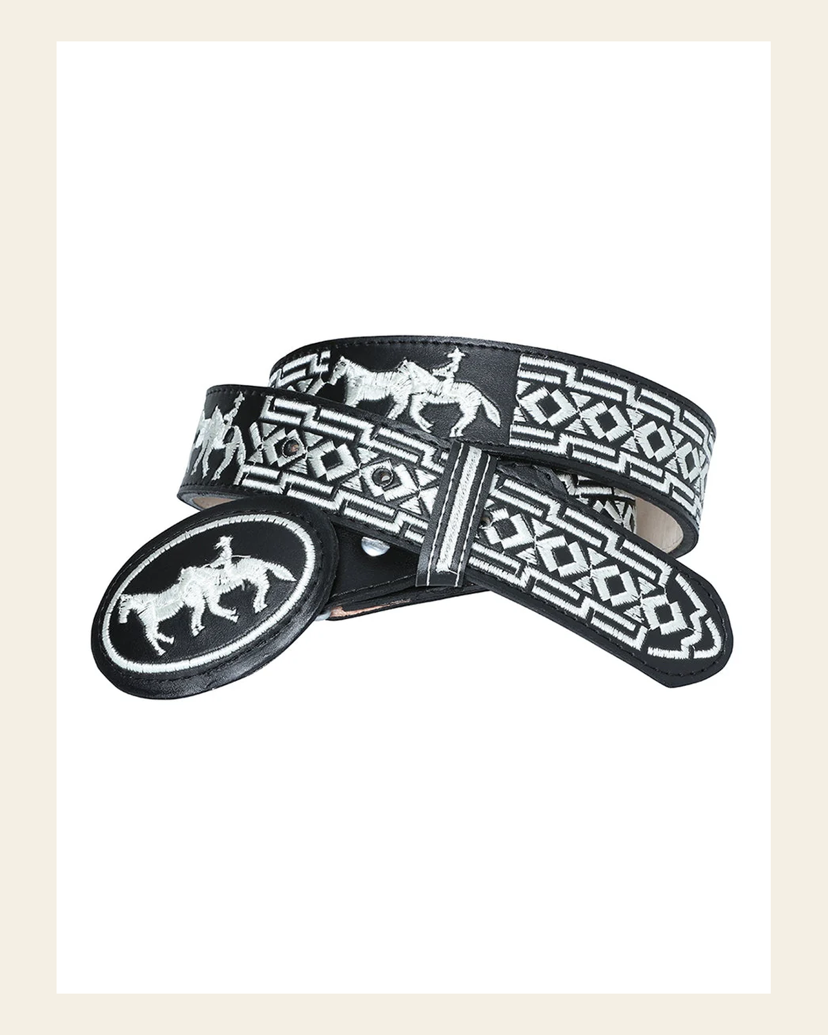Men's Leather Cowboy Western Belt - Horse - Black 41690 on a warm cream background