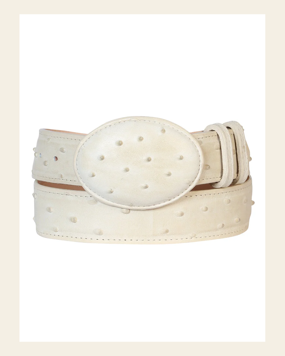 Men's Leather Cowboy Western Belt - Imitation Ostrich Bone White Style #700 on a warm cream background