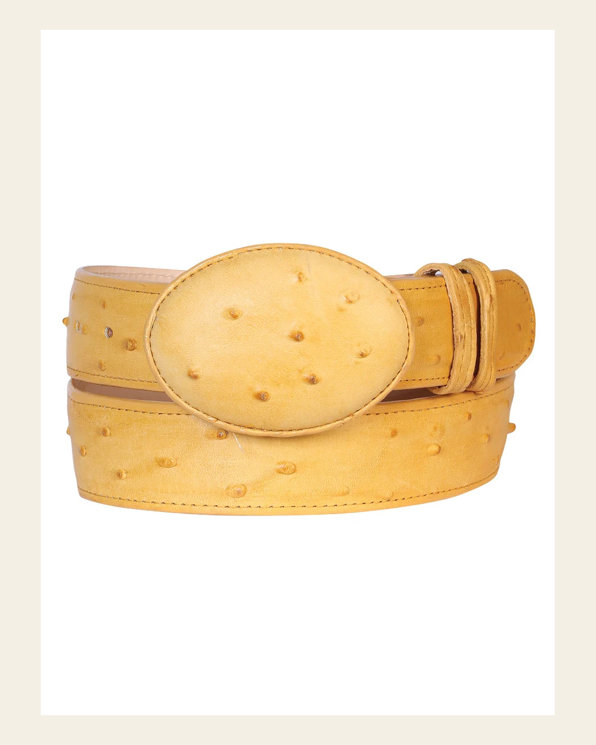 Men's Leather Cowboy Western Belt - Imitation Ostrich Butter Style #702 on a warm cream background