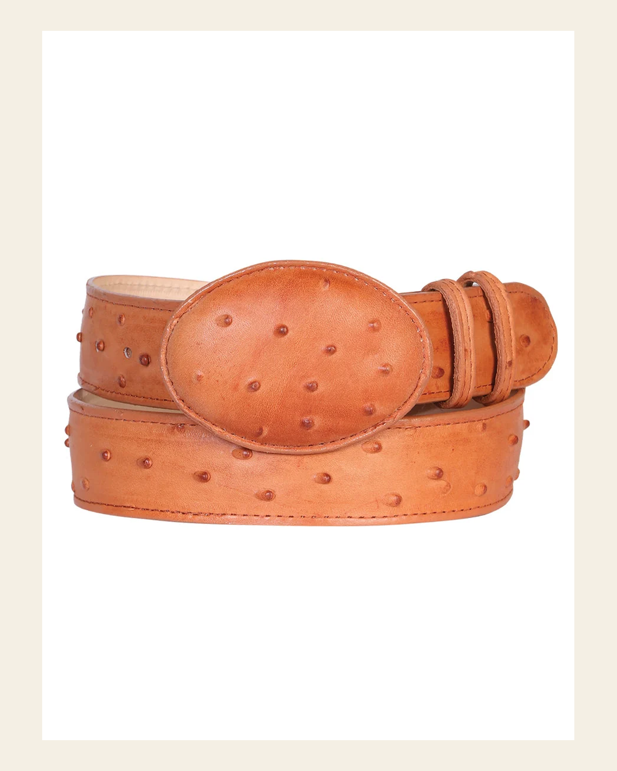 Men's Leather Cowboy Western Belt - Imitation Ostrich - Cognac 703 on a warm cream background