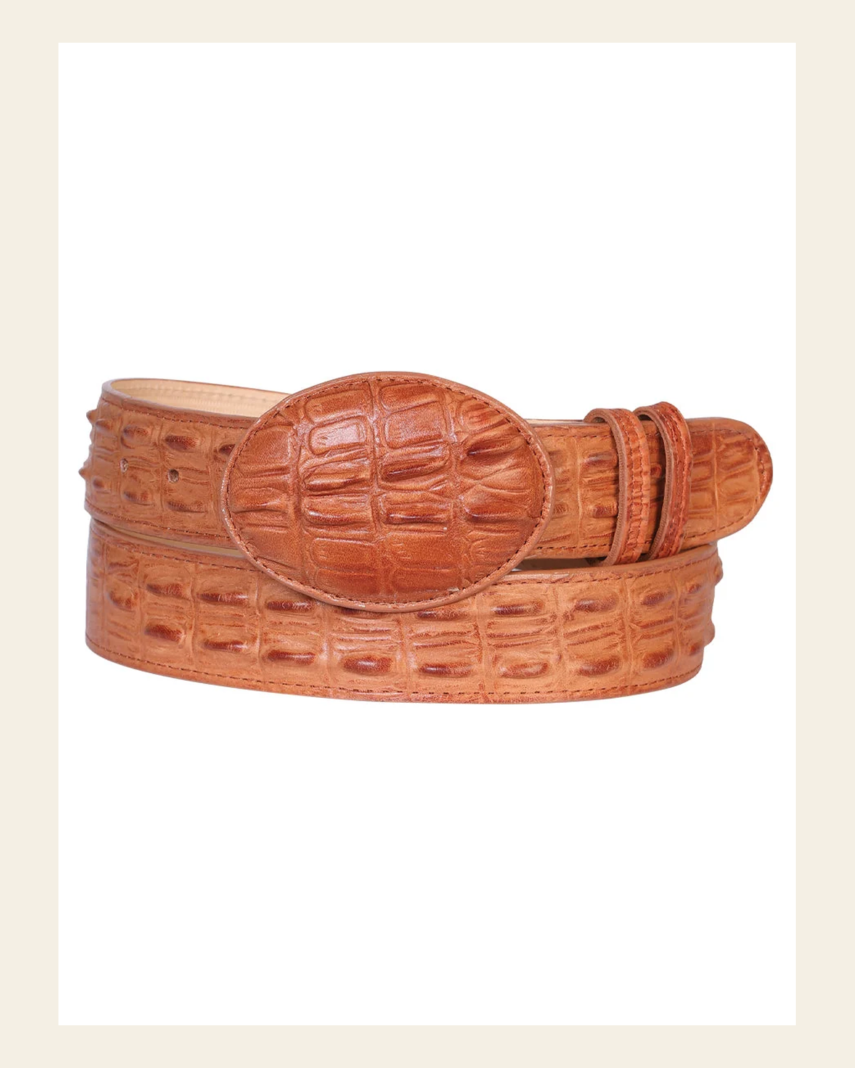 Men's Leather Cowboy Belt - Imitation Alligator Crocodile Tail - Cognac 685 on a warm cream background