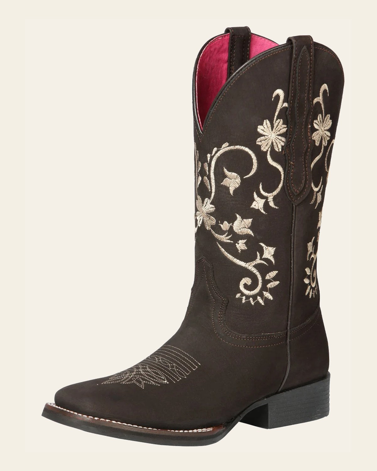 El General Women’s Leather Cowgirl Boots - Made in Mexico - Nubuck Brown 44642 on a warm cream background