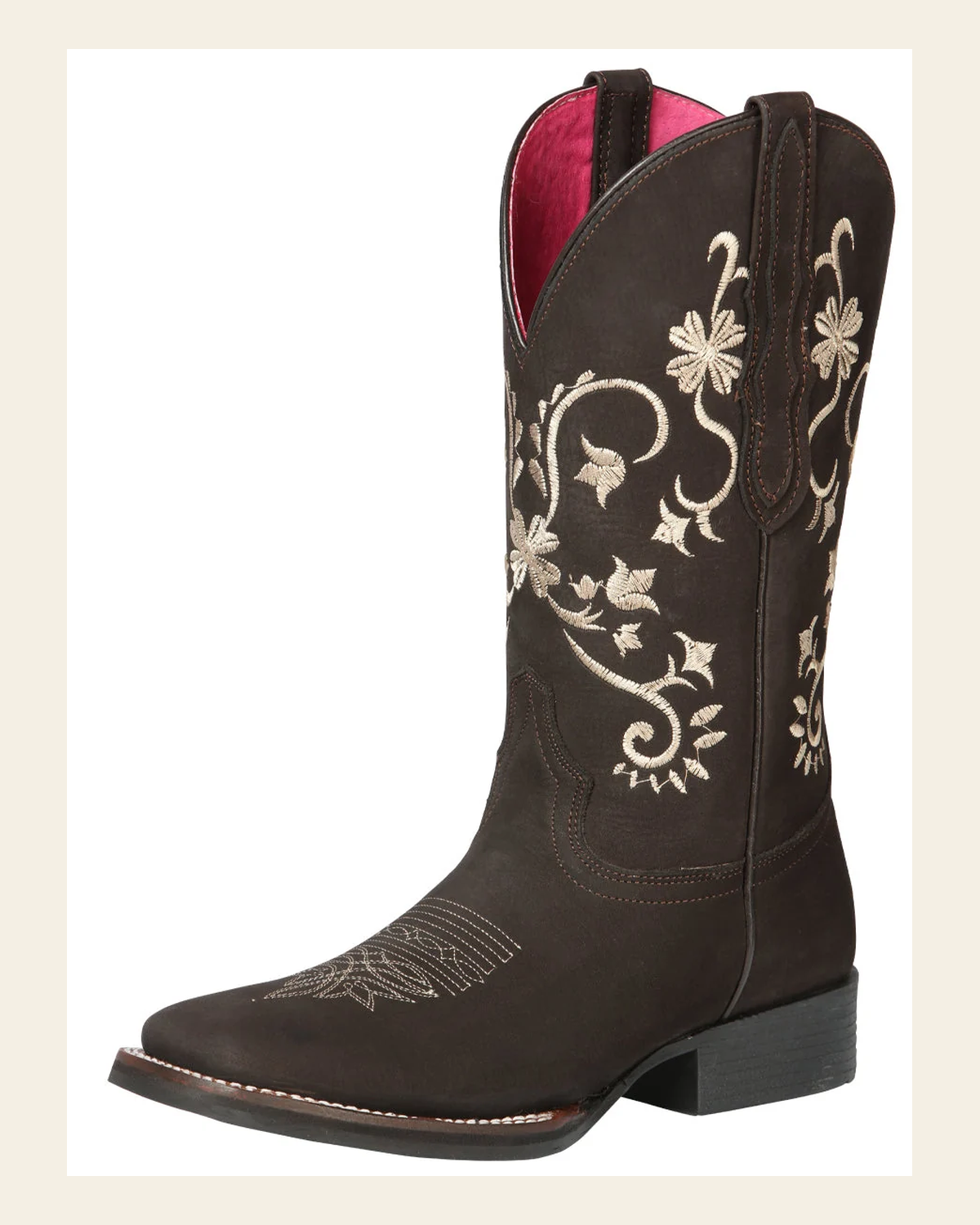El General Women’s Leather Cowgirl Boots - Made in Mexico - Nubuck Brown 44642 on a warm cream background