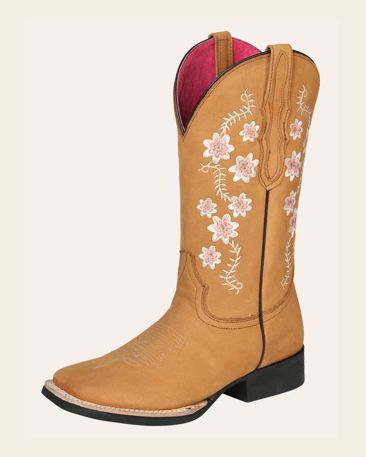 El General Women’s Leather Cowgirl Boots - Made in Mexico - Nubuck Peach 44644 on a warm cream background