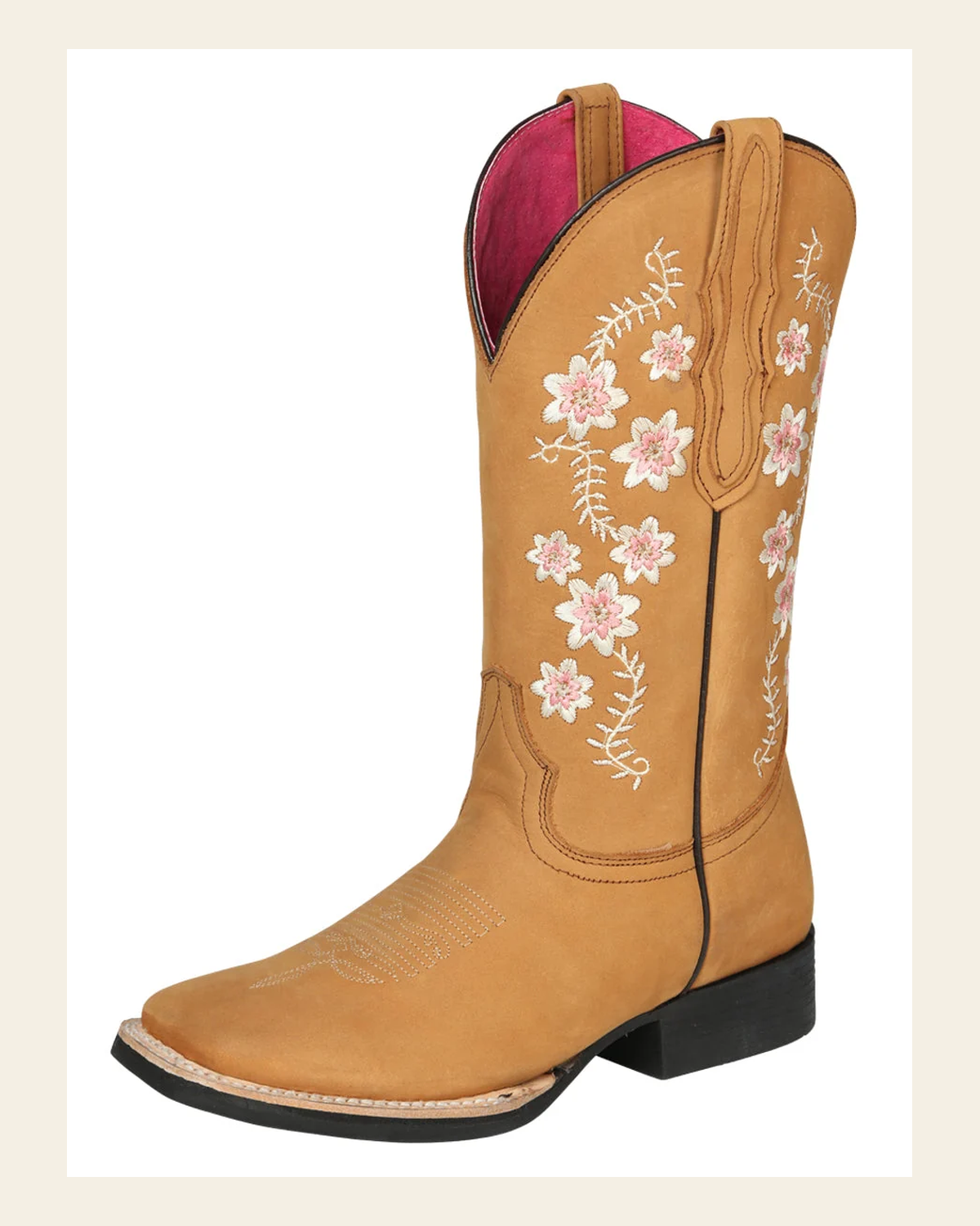 El General Women’s Leather Cowgirl Boots - Made in Mexico - Nubuck Peach 44644 on a warm cream background