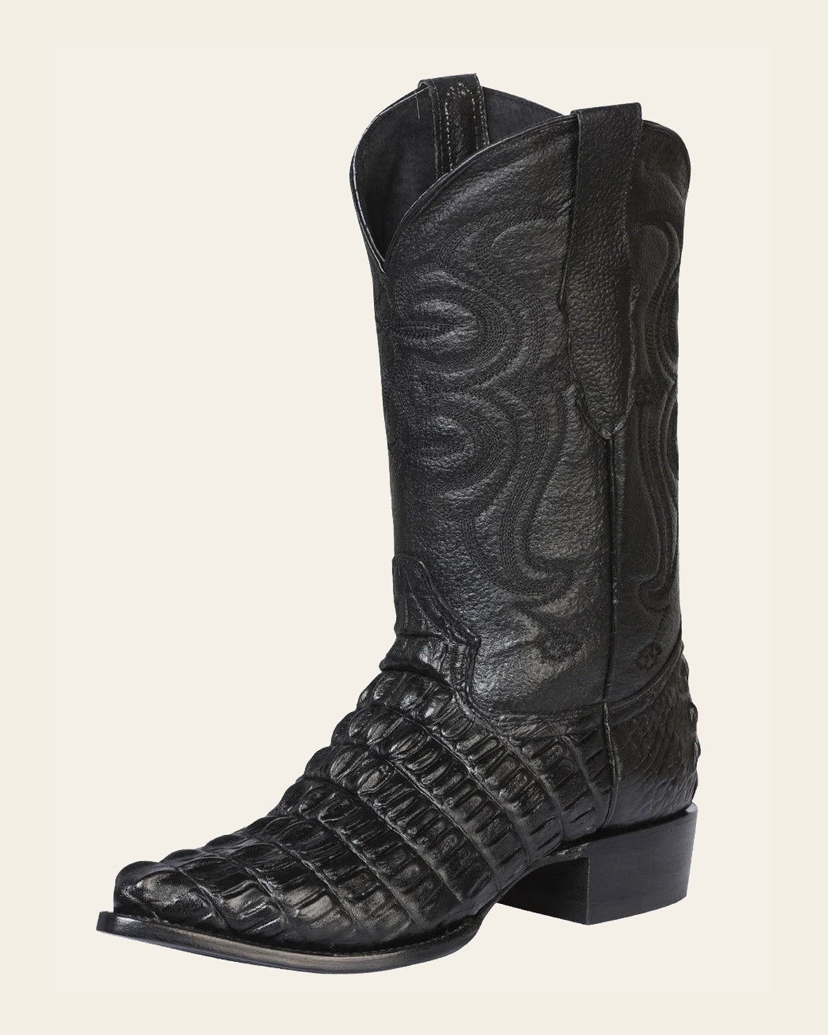 Men's Pointed Toe Leather Cowboy Boots - Made in Mexico - Embossed Hornback Caiman Print - Black 40842 on a warm cream backg…