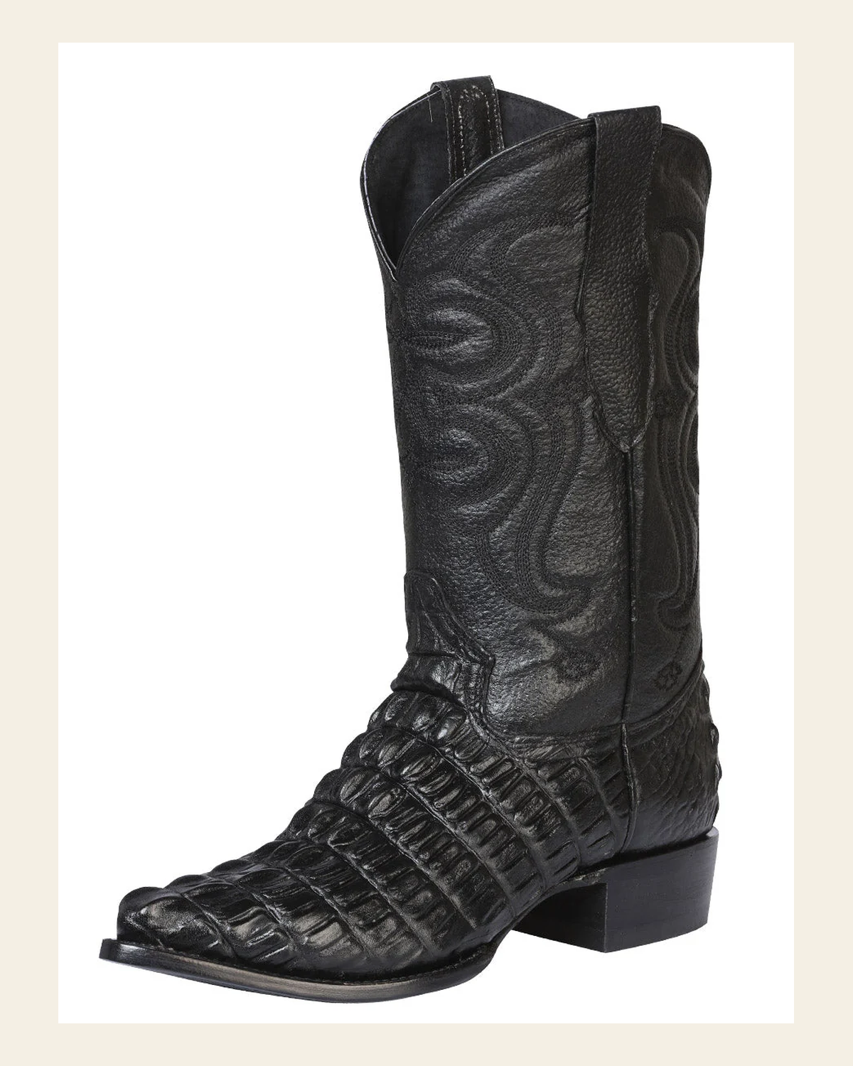 Men's Pointed Toe Leather Cowboy Boots - Made in Mexico - Embossed Hornback Caiman Print - Black 40842 on a warm cream background