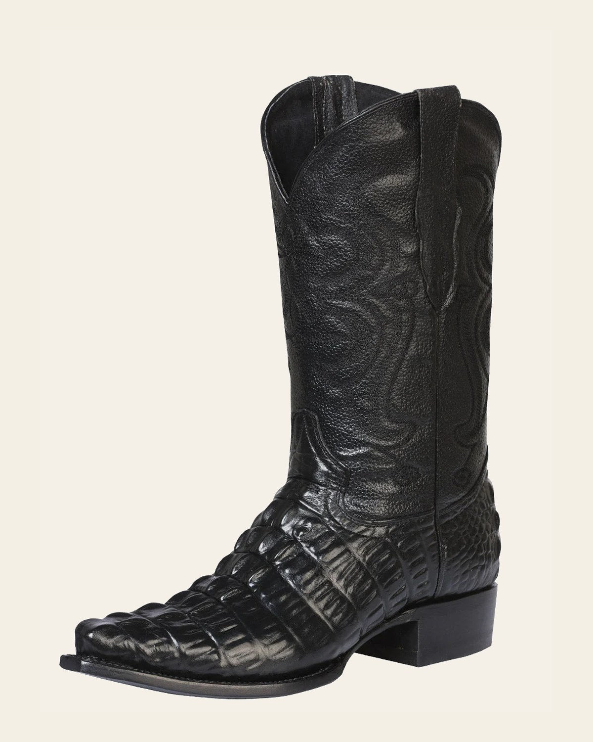 Men's Snip Toe Leather Cowboy Boots - Made in Mexico - Embossed Hornback Caiman Print - Black 40854 on a warm cream backgrou…