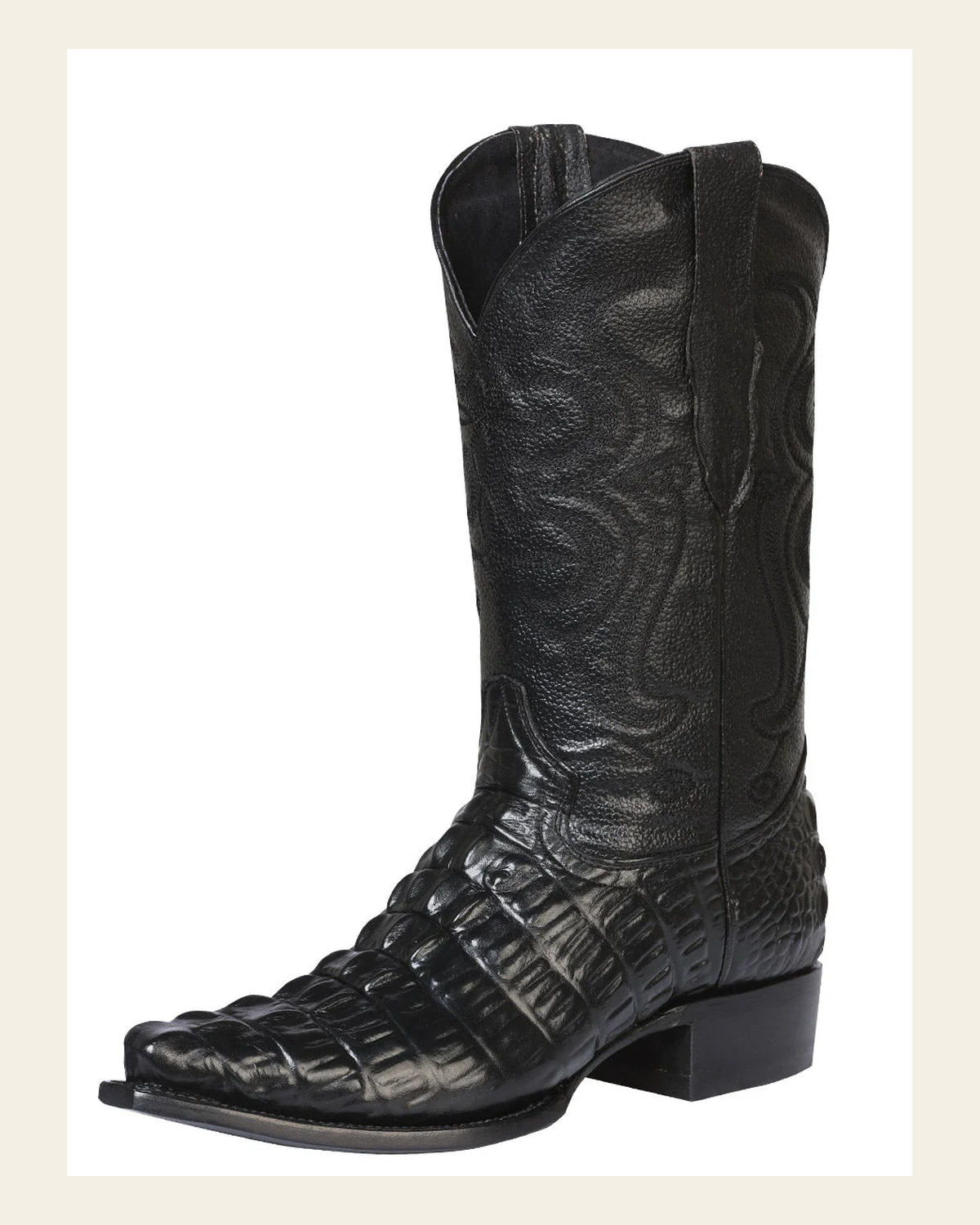 Men's Snip Toe Leather Cowboy Boots - Made in Mexico - Embossed Hornback Caiman Print - Black 40854 on a warm cream background