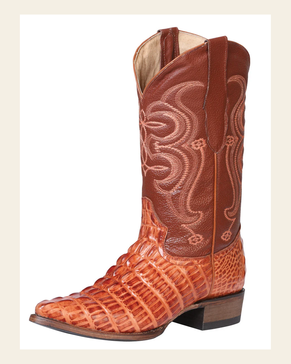 Men's Pointed Toe Leather Cowboy Boot - Made in Mexico - Embossed Hornback Caiman Print - Cognac 40841 on a warm cream background
