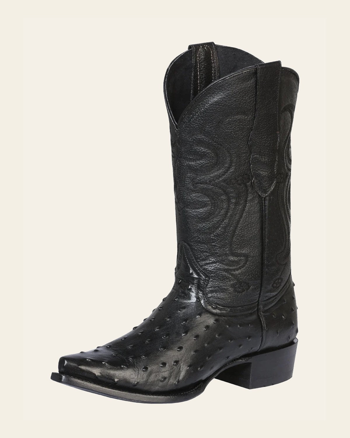 Men’s Snip Toe Leather Western Cowboy Boot - Embossed Ostrich Print - Black 40848 on a warm cream background