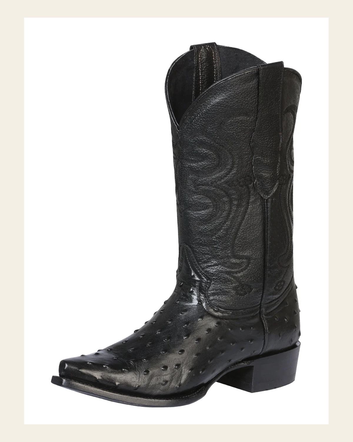 Men’s Snip Toe Leather Western Cowboy Boot - Embossed Ostrich Print - Black 40848 on a warm cream background