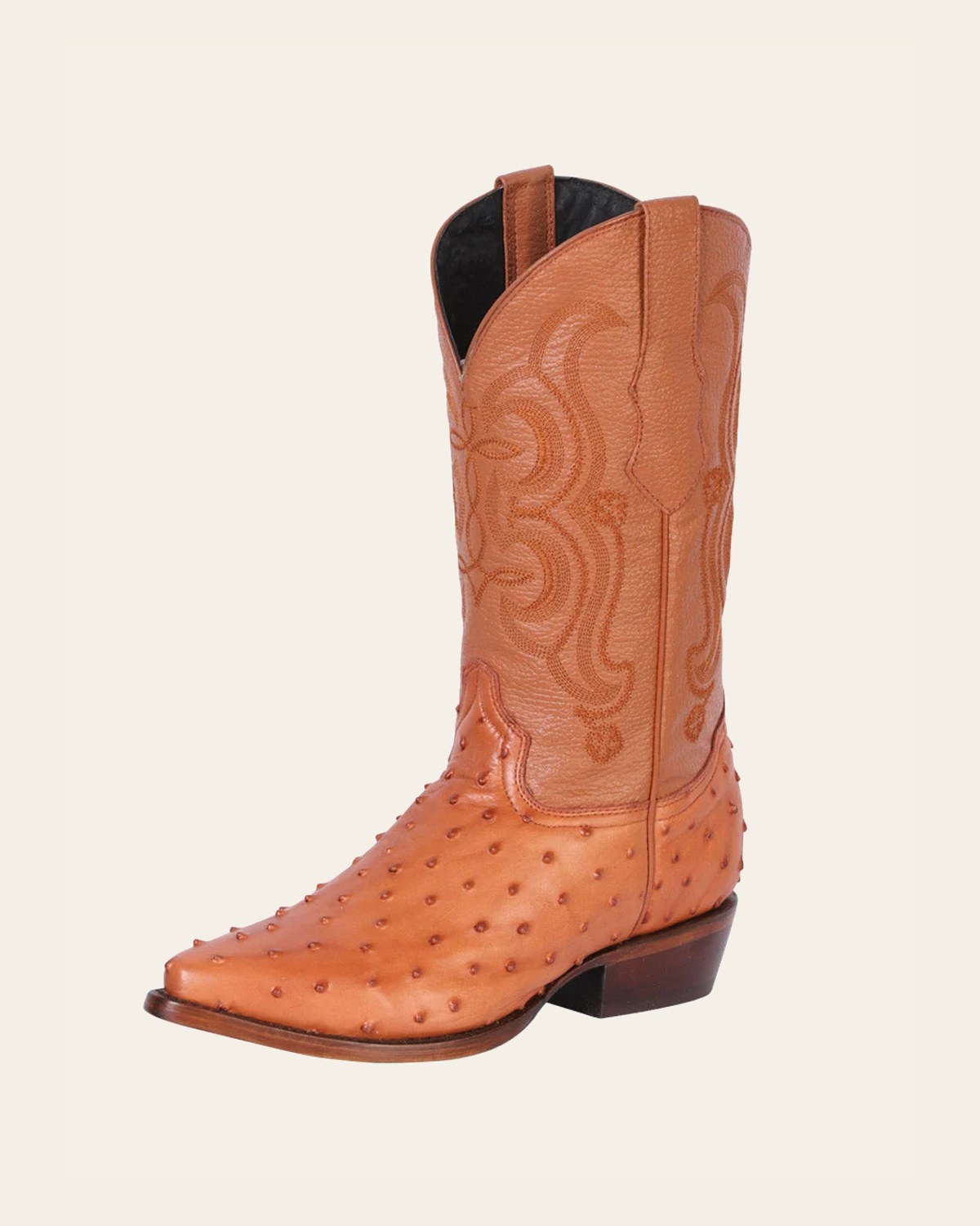 Men’s Pointed Toe Leather Cowboy Boot - Imitation Ostrich Print - Cognac 40835 on a warm cream background