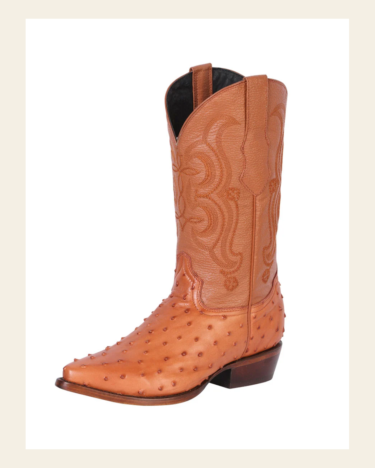 Men’s Pointed Toe Leather Cowboy Boot - Imitation Ostrich Print - Cognac 40835 on a warm cream background