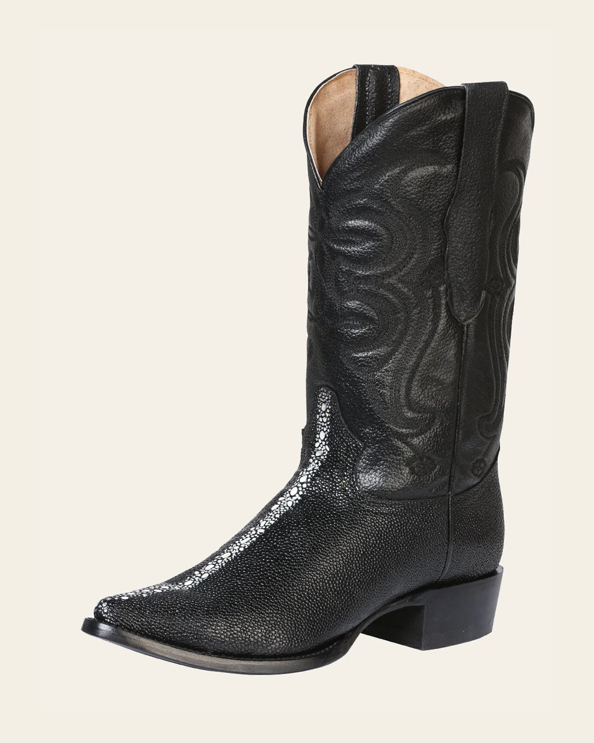 Men's Pointed Toe Leather Cowboy Boots - Made in Mexico - Embossed Stingray Print - 41528 on a warm cream background