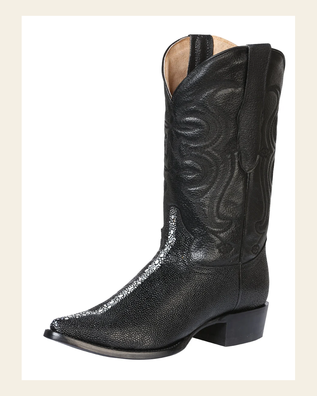 Men's Pointed Toe Leather Cowboy Boots - Made in Mexico - Embossed Stingray Print - 41528 on a warm cream background
