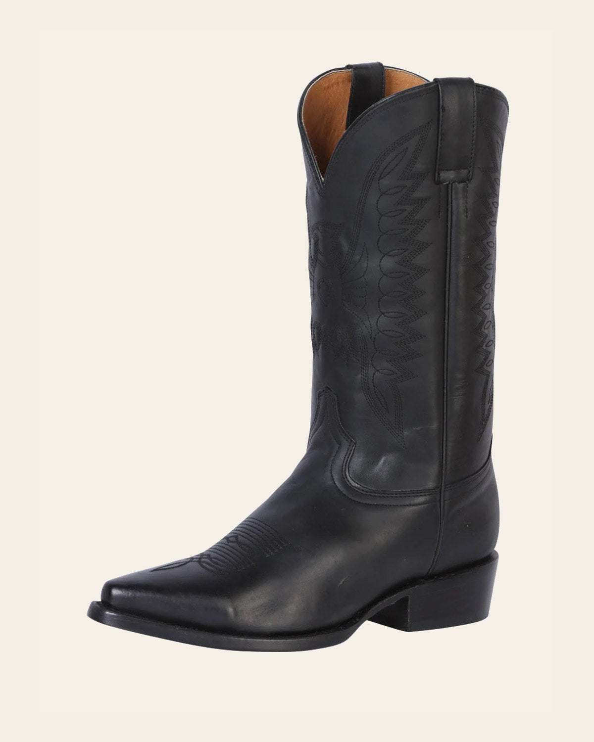 Rodeo Bravo x El General Men's Pointed Toe Leather Cowboy Boots - Made in Mexico - Black 135 on a warm cream background