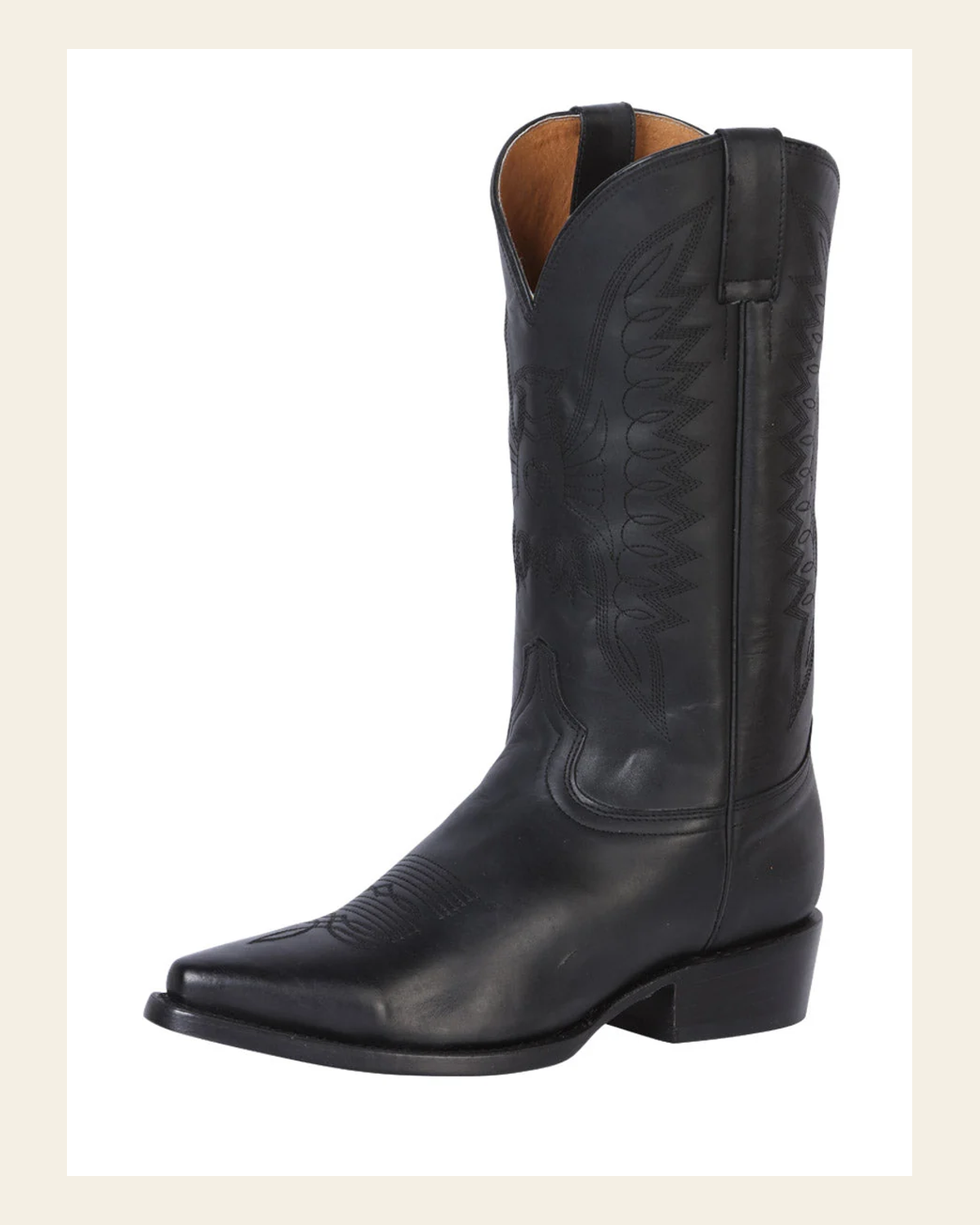 Rodeo Bravo x El General Men's Pointed Toe Leather Cowboy Boots - Made in Mexico - Black 135 on a warm cream background