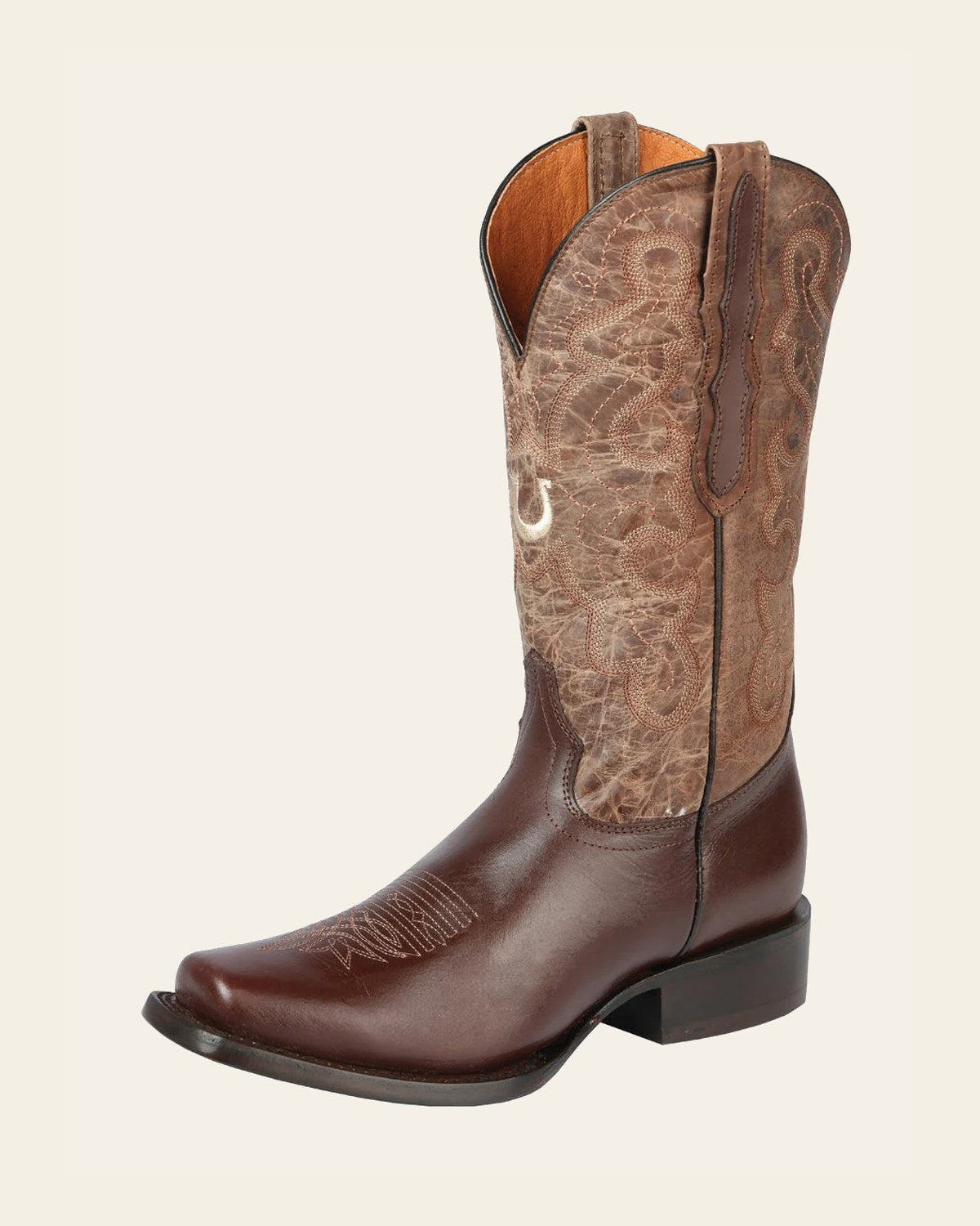 El General Women's Leather Cowboy Boot - Made in Mexico - Alazan Brown/Sand 44851 on a warm cream background
